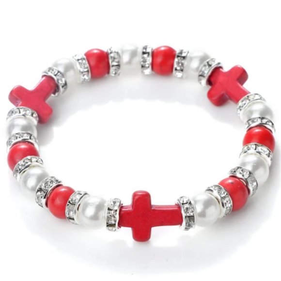 Cross Bracelet,Glass Pearl Bracelet,Pearl Cross Bracelet,Cross Beaded Bracelet - Picture 1 of 1